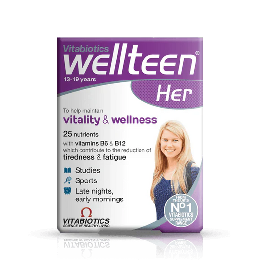 Vitabiotics Wellteen Her supports teenage girls’ growth, skin health, energy, and immune function with essential vitamins and minerals. 30 tablets, UK imported.