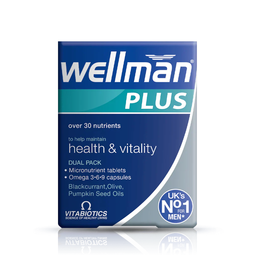 Vitabiotics Wellman Plus Omega 3-6-9 combines 29 essential nutrients with Omega-3, Omega-6, and Omega-9 to support men’s energy, heart, brain, and immune health. 56 capsules, UK imported.