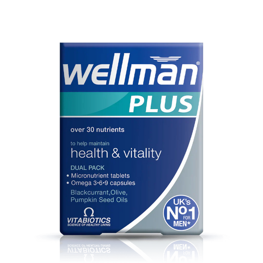 Vitabiotics Wellman Plus Omega 3-6-9 combines 29 essential nutrients with Omega-3, Omega-6, and Omega-9 to support men’s energy, heart, brain, and immune health. 56 capsules, UK imported.