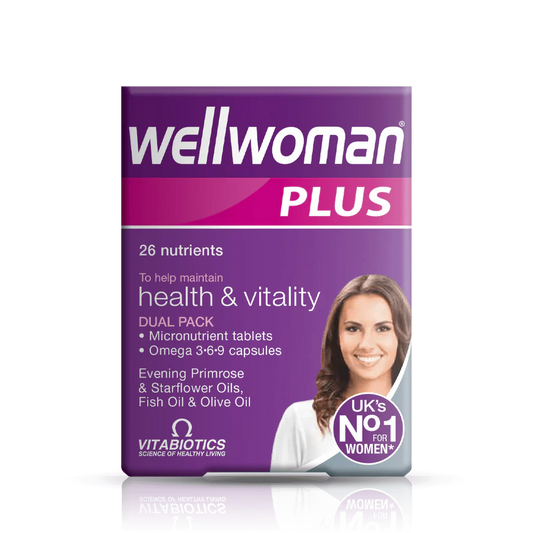 Vitabiotics Wellwoman Plus with Omega-3 supports women’s energy, immunity, skin & heart health. 56 tablets & capsules.