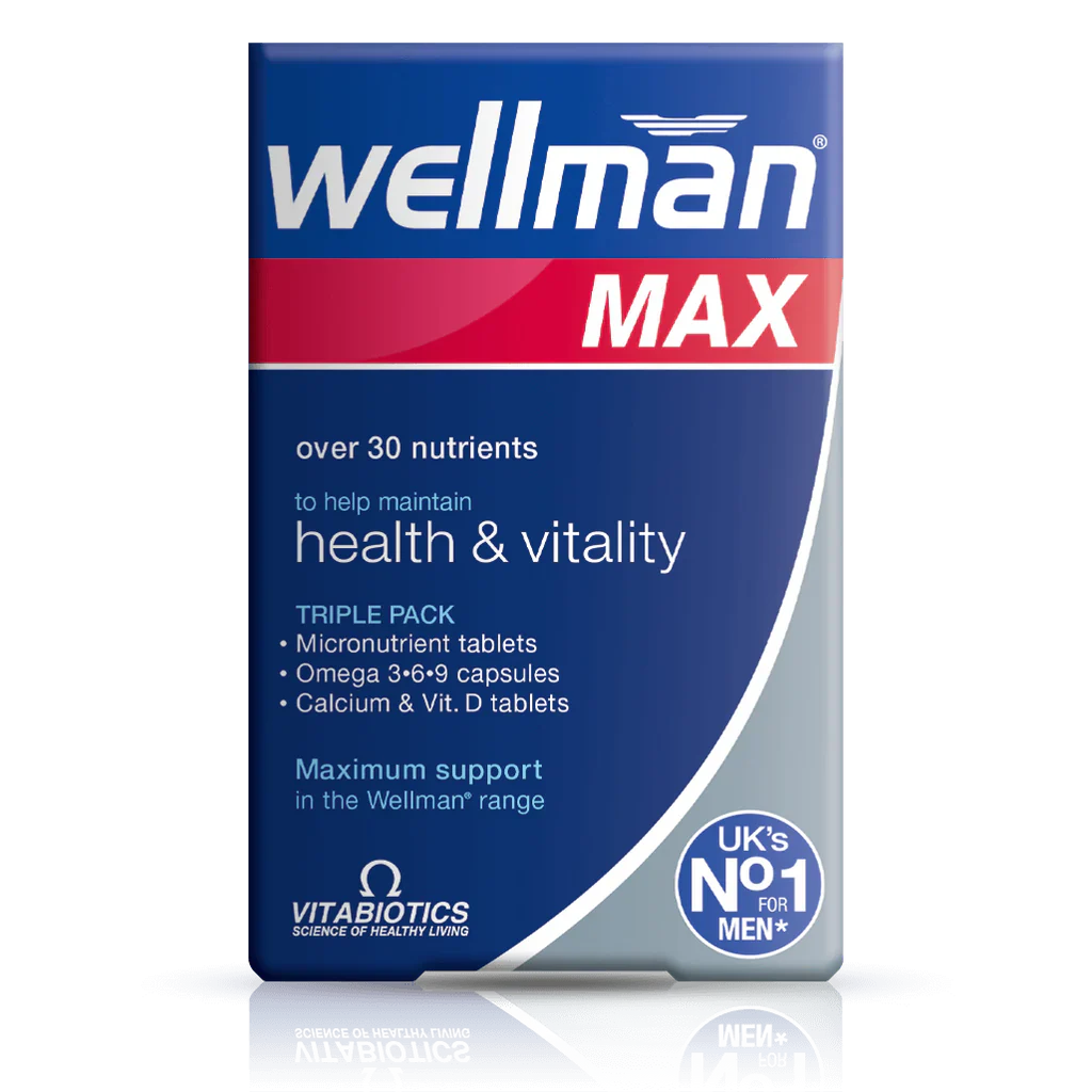 Vitabiotics Wellman Max offers triple pack support with multivitamins, Omega-3,6,9, and Co-Q10 for men’s health, energy, immunity, and performance. 84 tablets & capsules – Imported from UK.
