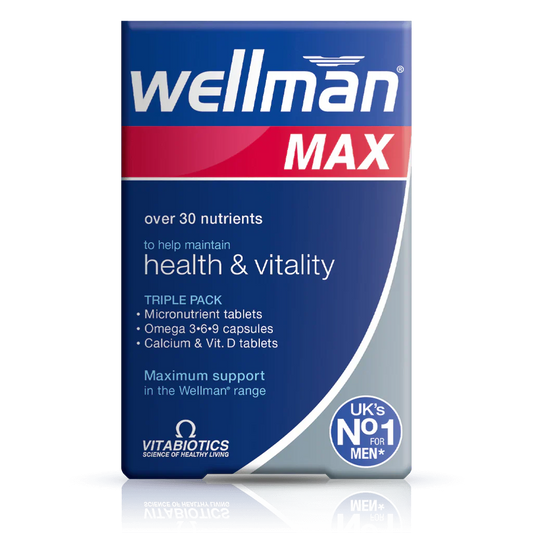 Vitabiotics Wellman Max offers triple pack support with multivitamins, Omega-3,6,9, and Co-Q10 for men’s health, energy, immunity, and performance. 84 tablets & capsules – Imported from UK.