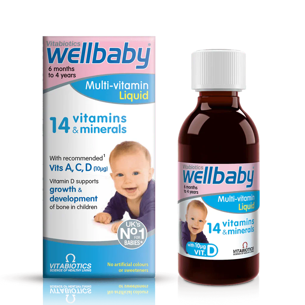 Vitabiotics Wellbaby Multi-Vitamin Liquid provides 14 essential vitamins and minerals to support healthy growth, immunity, and brain development in babies and toddlers. 150ml, UK imported.