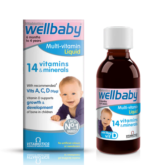 Vitabiotics Wellbaby Multi-Vitamin Liquid provides 14 essential vitamins and minerals to support healthy growth, immunity, and brain development in babies and toddlers. 150ml, UK imported.