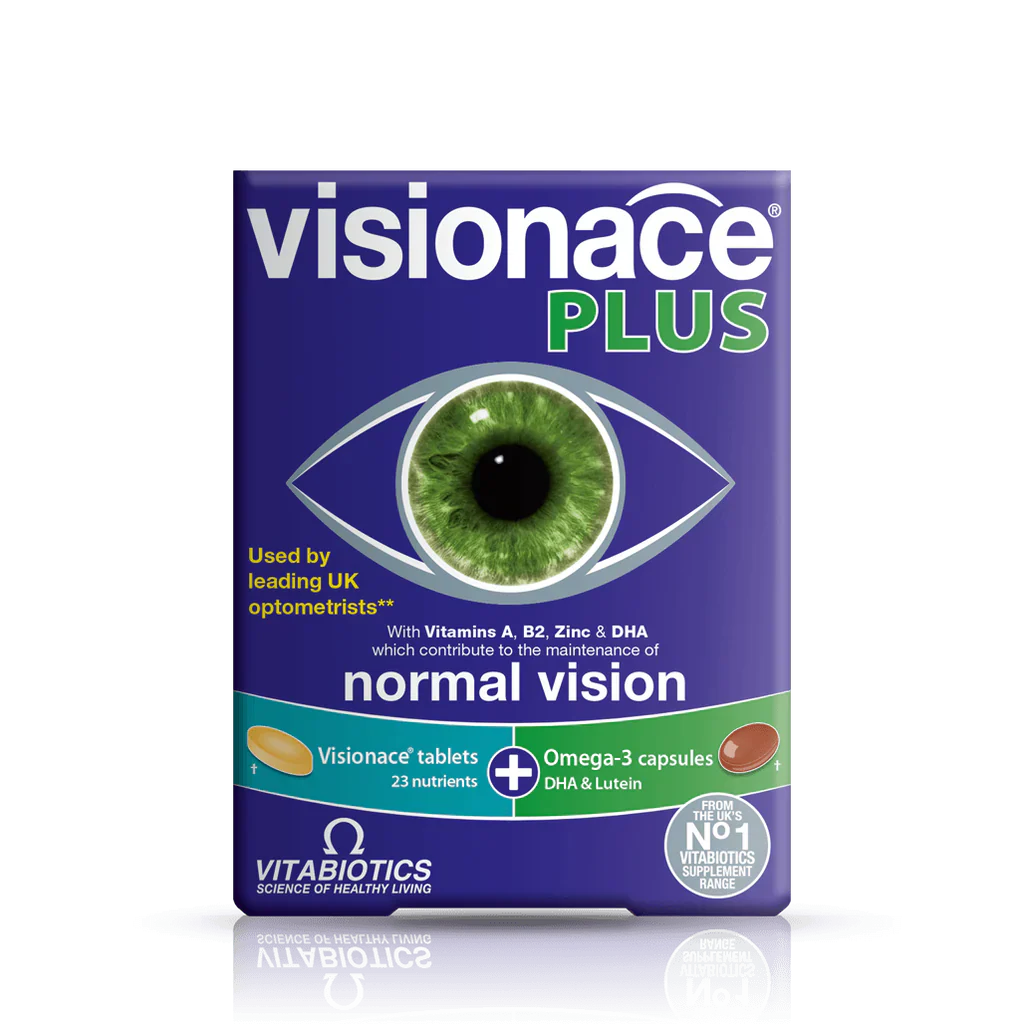 Vitabiotics Visionace Plus supports healthy vision and eye function with essential nutrients including lutein, zinc, and antioxidants. 30 tablets, UK imported.