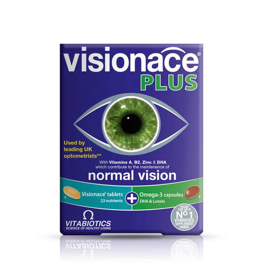Vitabiotics Visionace Plus supports healthy vision and eye function with essential nutrients including lutein, zinc, and antioxidants. 30 tablets, UK imported.