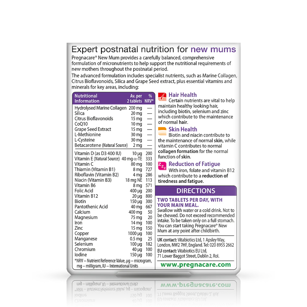 Vitabiotics Pregnacare New Mum supports new mothers during breastfeeding and postnatal recovery with essential vitamins, minerals, Omega-3 DHA, and iron. 56 tablets – UK imported.