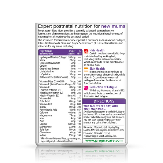 Vitabiotics Pregnacare New Mum supports new mothers during breastfeeding and postnatal recovery with essential vitamins, minerals, Omega-3 DHA, and iron. 56 tablets – UK imported.