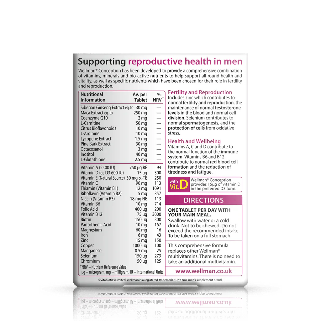 Vitabiotics Wellman Conception supports male fertility, reproductive health, energy, and overall wellbeing. 30 tablets – Imported from UK.