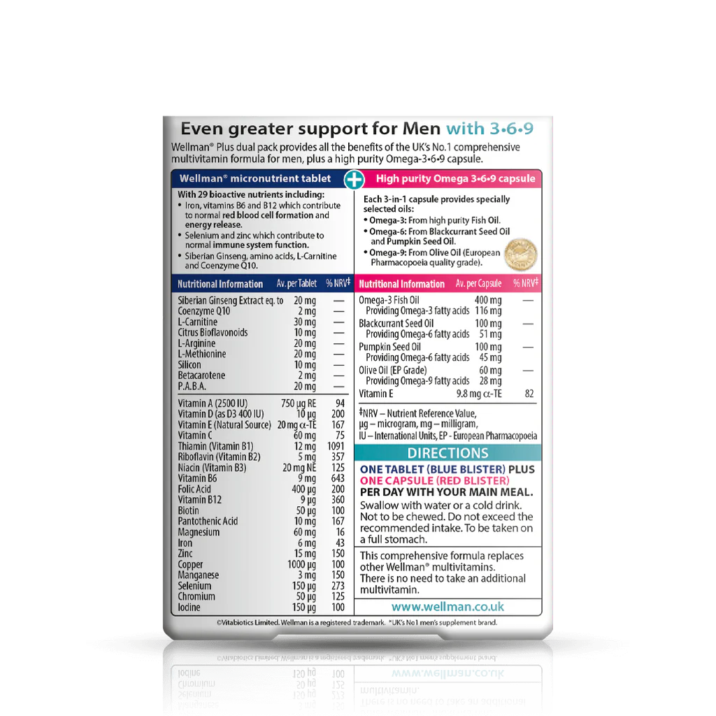 Vitabiotics Wellman Plus Omega 3-6-9 combines 29 essential nutrients with Omega-3, Omega-6, and Omega-9 to support men’s energy, heart, brain, and immune health. 56 capsules, UK imported.