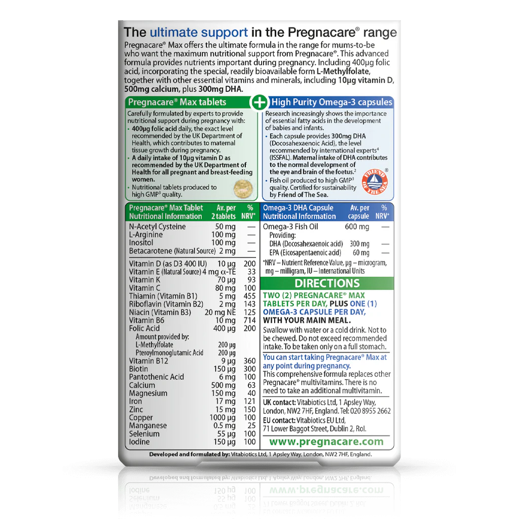 Vitabiotics Pregnacare Max – Complete Pregnancy Multivitamin with Omega-3 DHA | UK Imported Prenatal Supplement