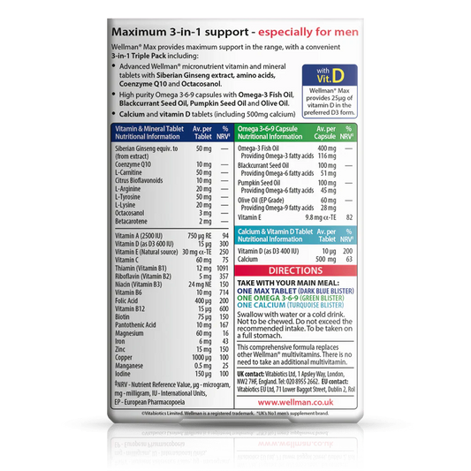 Vitabiotics Wellman Max offers triple pack support with multivitamins, Omega-3,6,9, and Co-Q10 for men’s health, energy, immunity, and performance. 84 tablets & capsules – Imported from UK.