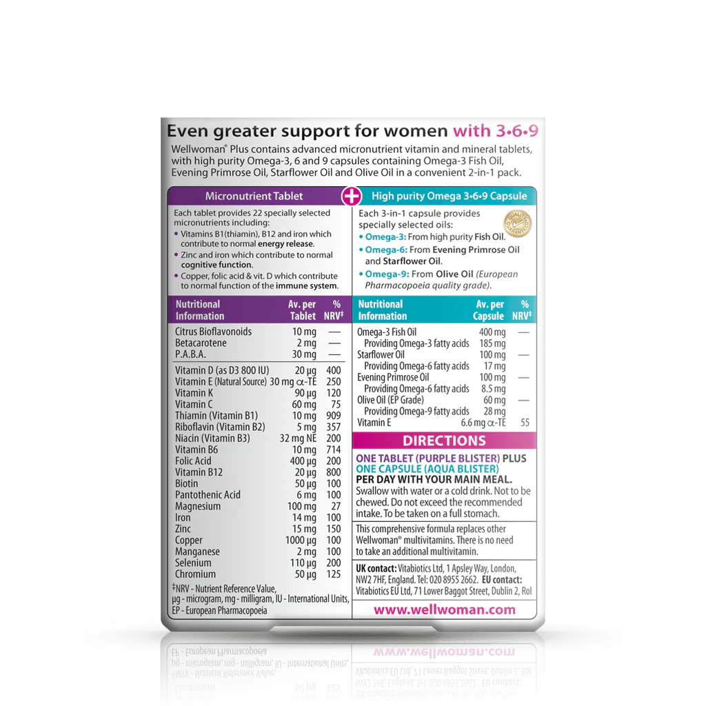 Vitabiotics Wellwoman Plus with Omega-3 supports women’s energy, immunity, skin & heart health. 56 tablets & capsules.