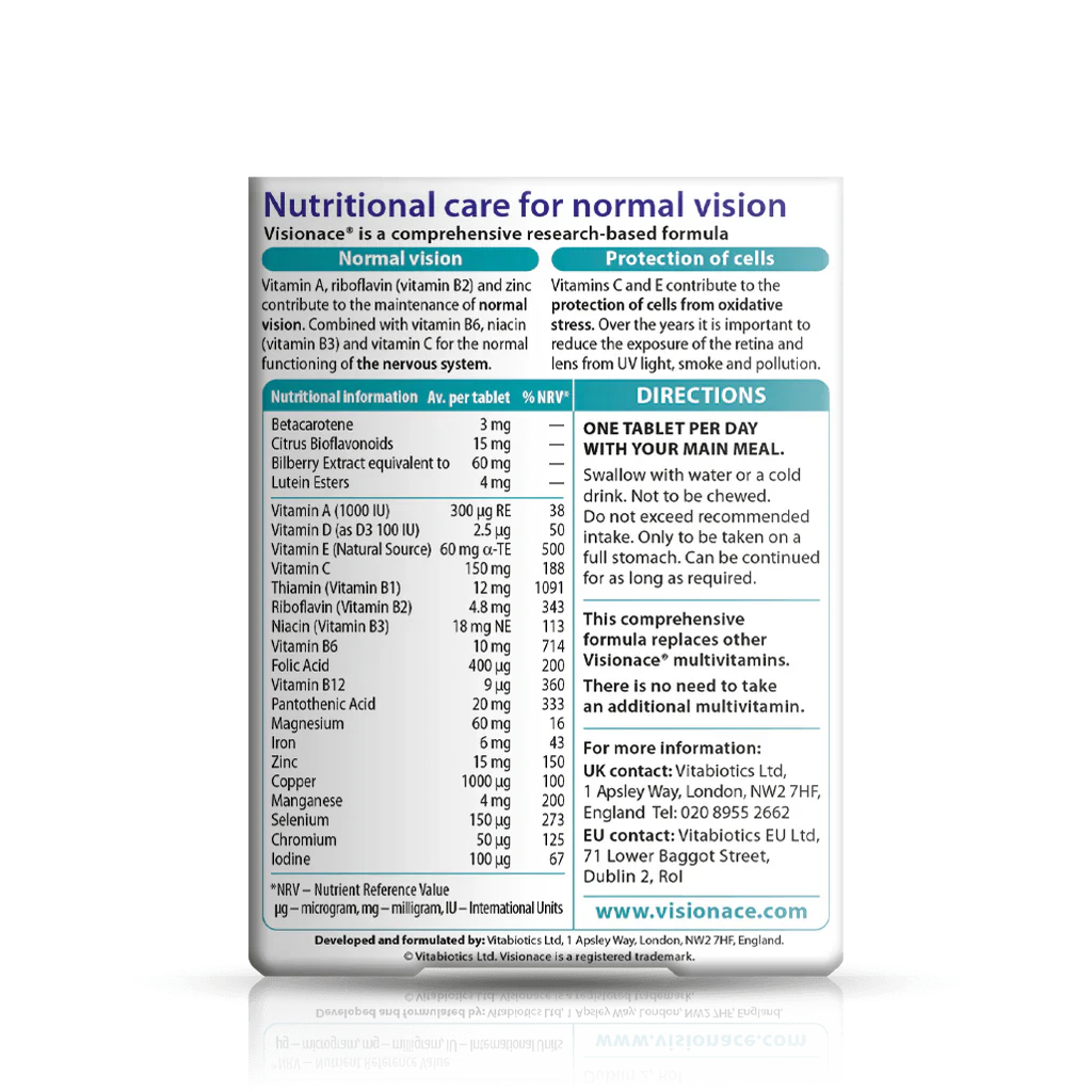 Vitabiotics Visionace Original helps maintain healthy vision with lutein, vitamins C & E, zinc, and antioxidants to protect eyes from daily stress. 30 tablets, UK imported.
