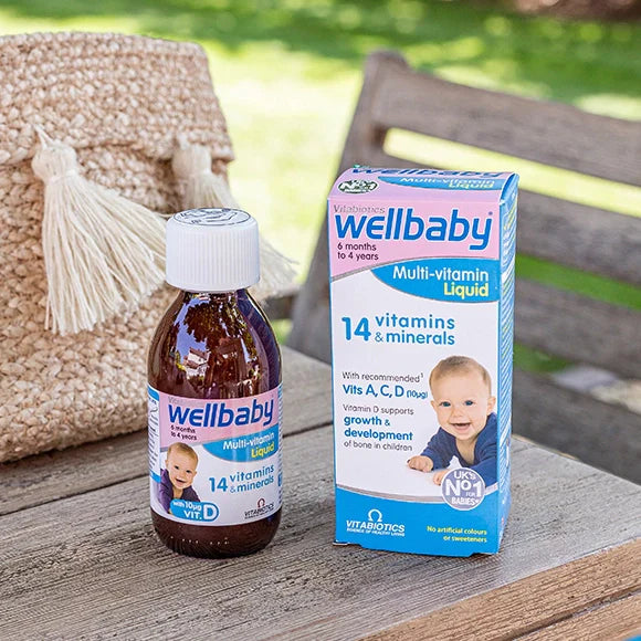 Vitabiotics Wellbaby Multi-Vitamin Liquid provides 14 essential vitamins and minerals to support healthy growth, immunity, and brain development in babies and toddlers. 150ml, UK imported.