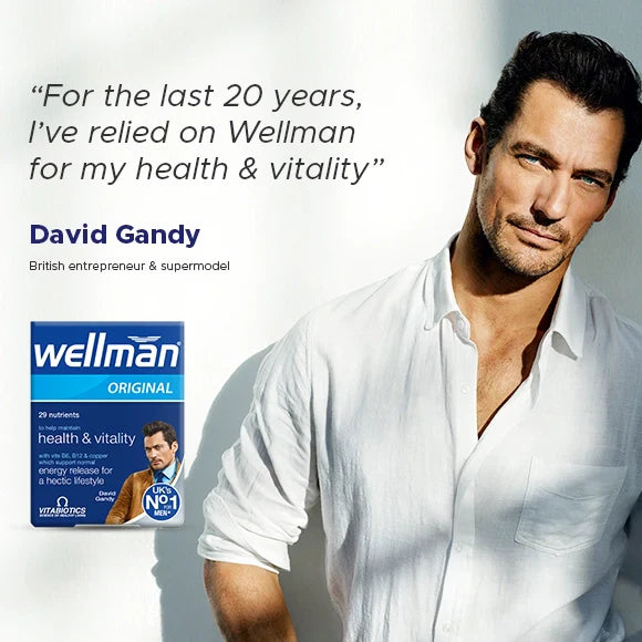 Vitabiotics Wellman Original provides 29 essential nutrients for men’s health, energy, immunity, and vitality. 30 tablets – Imported from UK.