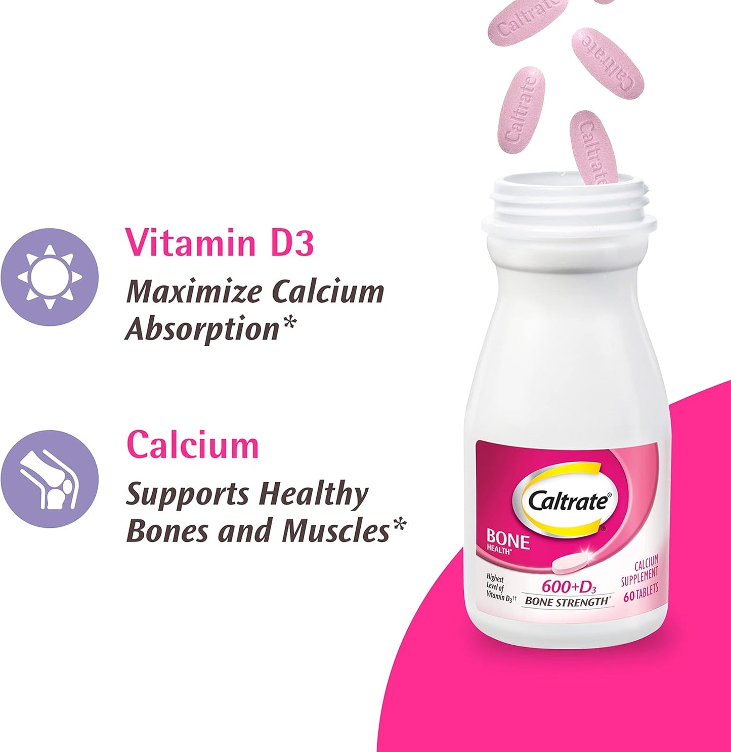 Caltrate Bone Health 600 + D3 – Calcium & Vitamin D Supplement – 60 Tablets – Strong Bones & Teeth Support
