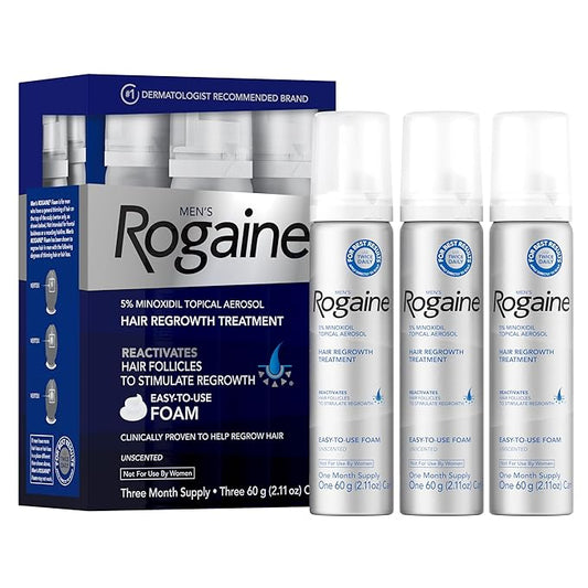 Men’s Rogaine 5% Minoxidil Foam – Hair Regrowth Treatment for Men | 3 x 60g (2.1 oz) Cans – 3 Month Supply