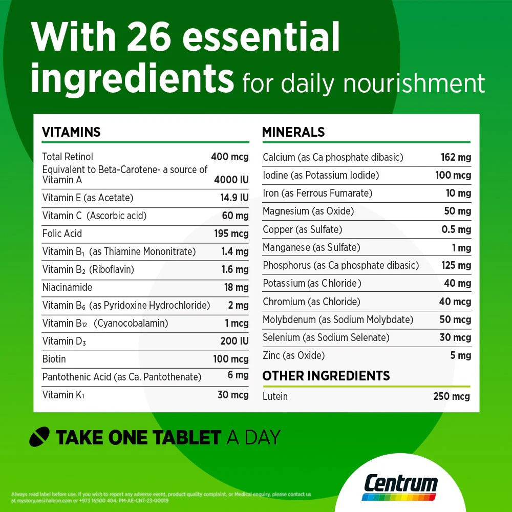 Centrum with Lutein – 100 Tablets – Adult Daily Multivitamin – Eye, Heart & Immune Support