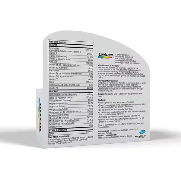Centrum with Lutein – 30 Tablets – Adult Daily Multivitamin – Eye & Immune Support