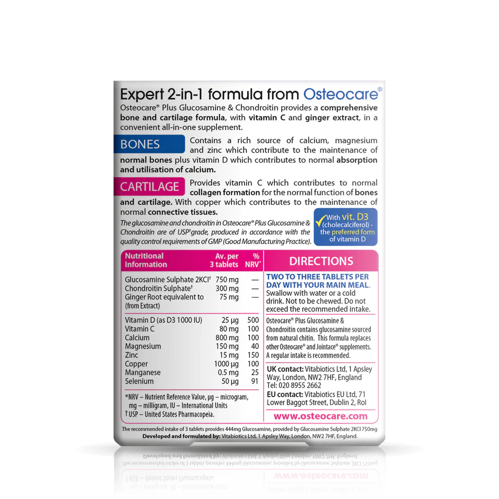 Osteocare Plus with Glucosamine & Chondroitin – 60 Tablets – Calcium, Magnesium, Vitamin D, Joint & Bone Support – UK Imported