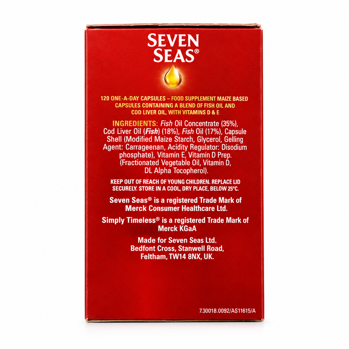 Seven Seas Simply Timeless Omega-3 Fish Oil Plus Cod Liver Oil Gelatine Free High Strength 120 Capsules