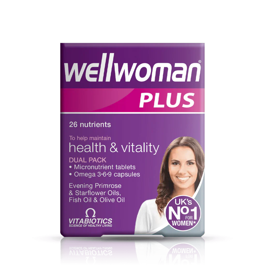 Vitabiotics Wellwoman Plus with Omega-3 supports women’s energy, immunity, skin & heart health. 56 tablets & capsules.