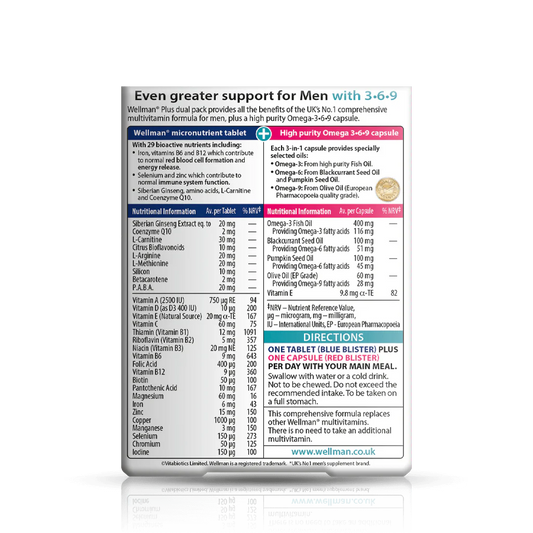Vitabiotics Wellman Plus Omega 3-6-9 combines 29 essential nutrients with Omega-3, Omega-6, and Omega-9 to support men’s energy, heart, brain, and immune health. 56 capsules, UK imported.