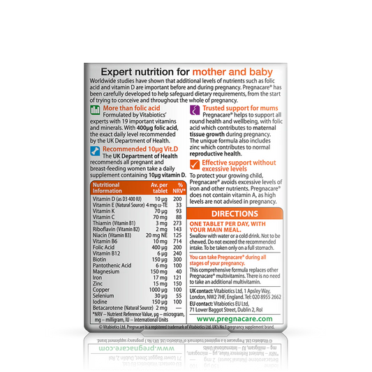 Vitabiotics Pregnacare Original – 30 Tablets – Folic Acid, Vitamin D, Iron & Essential Nutrients for Pregnancy – UK Imported