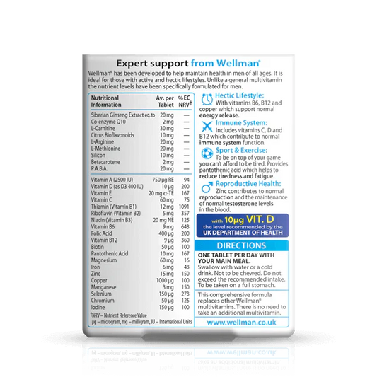 Vitabiotics Wellman Original provides 29 essential nutrients for men’s health, energy, immunity, and vitality. 30 tablets – Imported from UK.