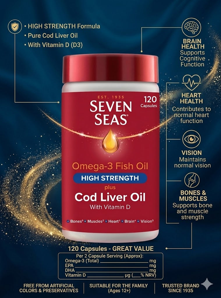 Seven Seas Omega-3 Fish Oil plus Cod Liver Oil 120 Capsules infographic 