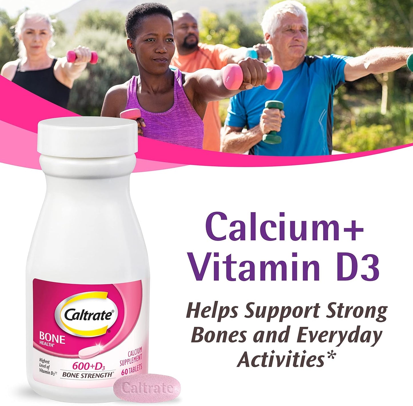 Caltrate Bone Health 600 + D3 – Calcium & Vitamin D Supplement – 60 Tablets – Strong Bones & Teeth Support