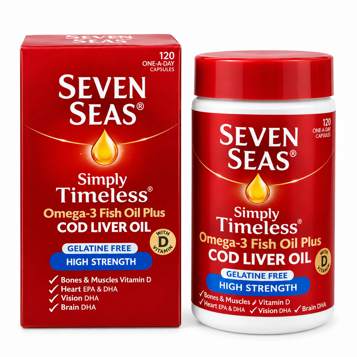 Seven Seas Simply Timeless Omega-3 Fish Oil Plus Cod Liver Oil Gelatine Free High Strength 120 Capsules