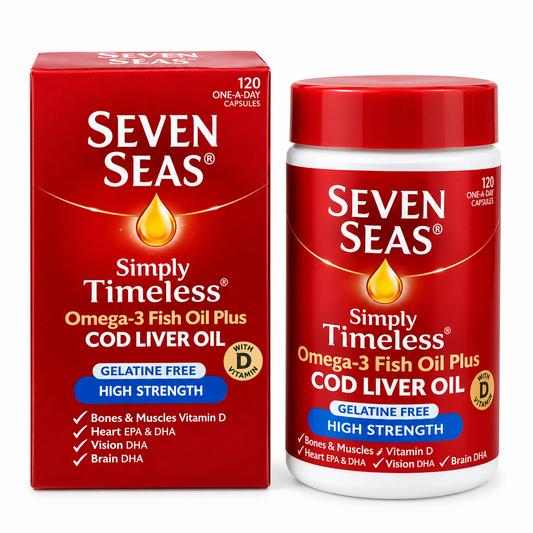 Seven Seas Simply Timeless Omega-3 Fish Oil Plus Cod Liver Oil Gelatine Free High Strength 120 Capsules