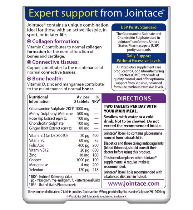 Vitabiotics Jointace Rose Hip – 30 Tablets – Joint & Cartilage Health with Rose Hip Extract, Glucosamine & Chondroitin – Imported from UK